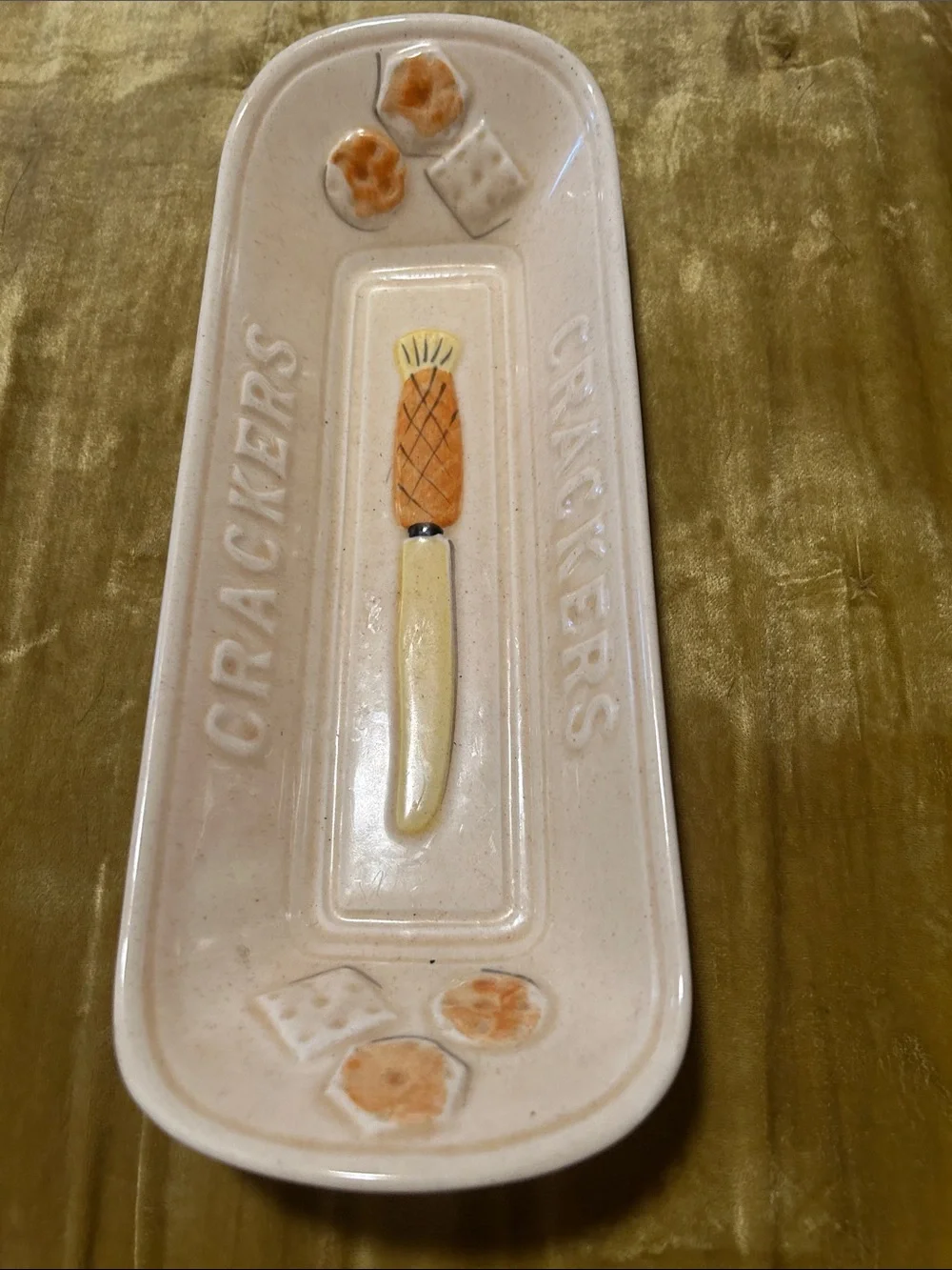 vintage Ceramic 'Crackers' Serving Tray in Soft Pink with Painted Knife
